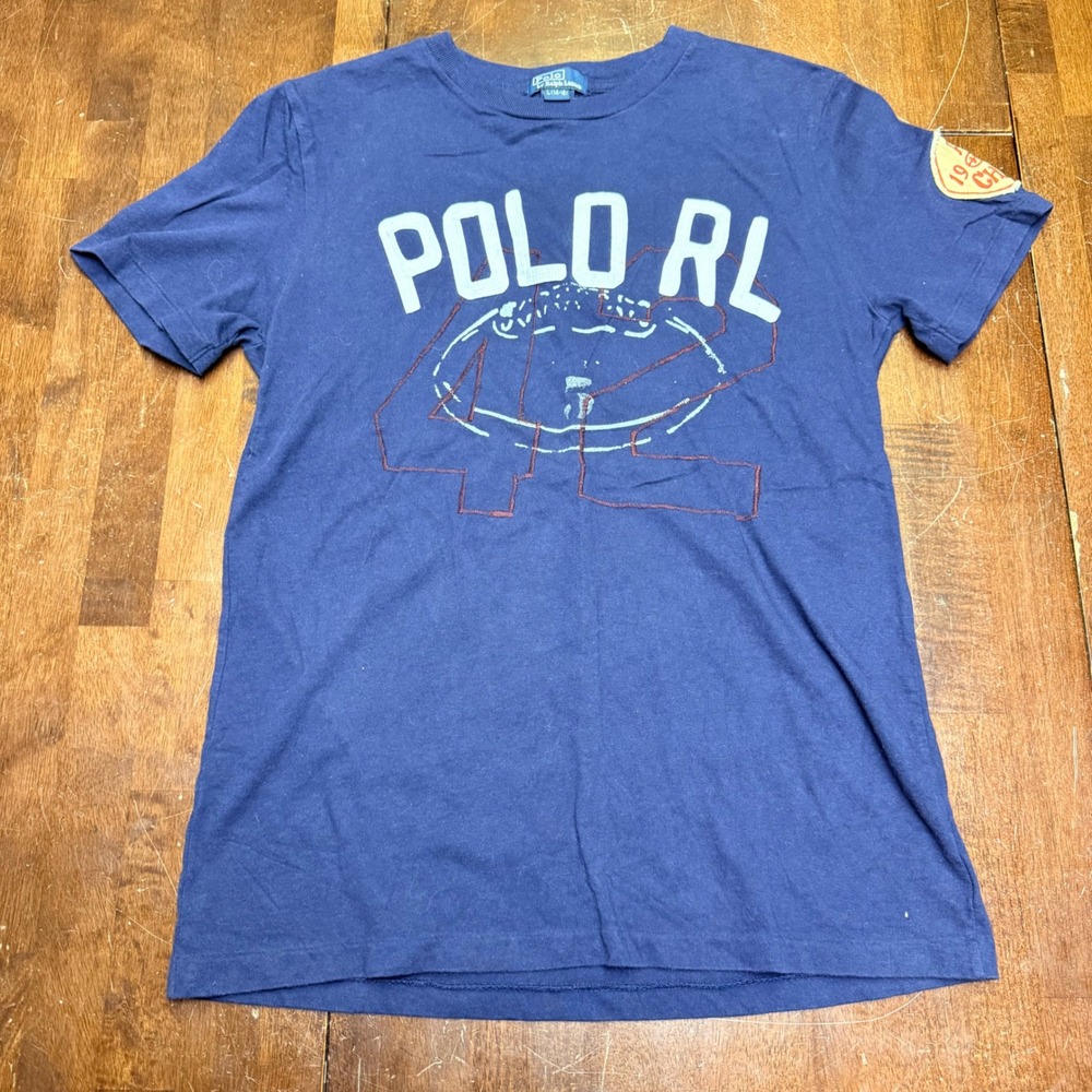 Polo Ralph Lauren T-Shirt Kids Large 14-16 Blue Graphic Football‎ Champs Tee Vtg